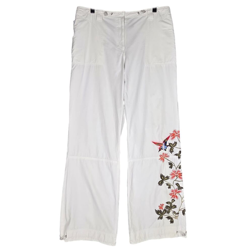 TRIBAL WHITE EMBROIDERED PANTS – FLORAL HUMMING BIRD DESIGN – WOMEN'S SIZE 10
